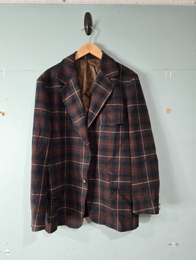 PENDLETON Vintage Blue Red Tartan Plaid Wool Coat Jacket Large Flawed